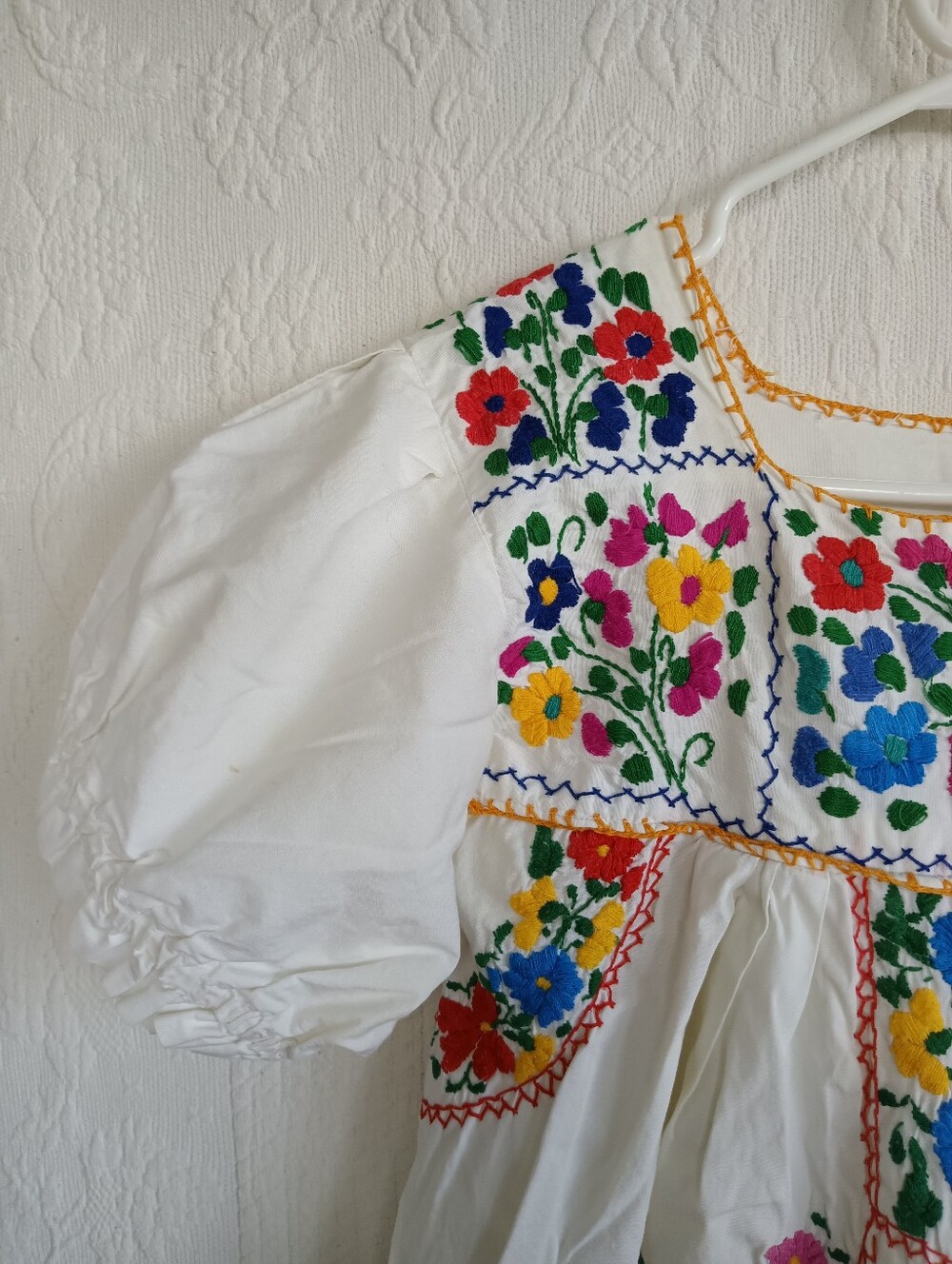 Vintage Hand Embroidered Mexican Dress Traditional Puebla Colorful Maxi Red Blue - Picture 4 of 14